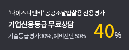 나이스 디엔비 공공조달입찰용 기업신용평가 40%할인 기업신용등급 무료상담 기술등급평가 30% / 예비진단 50%